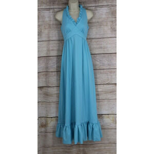 VINTAGE Womens Size Small Halter Maxi Ruffle Dress Teal Blue